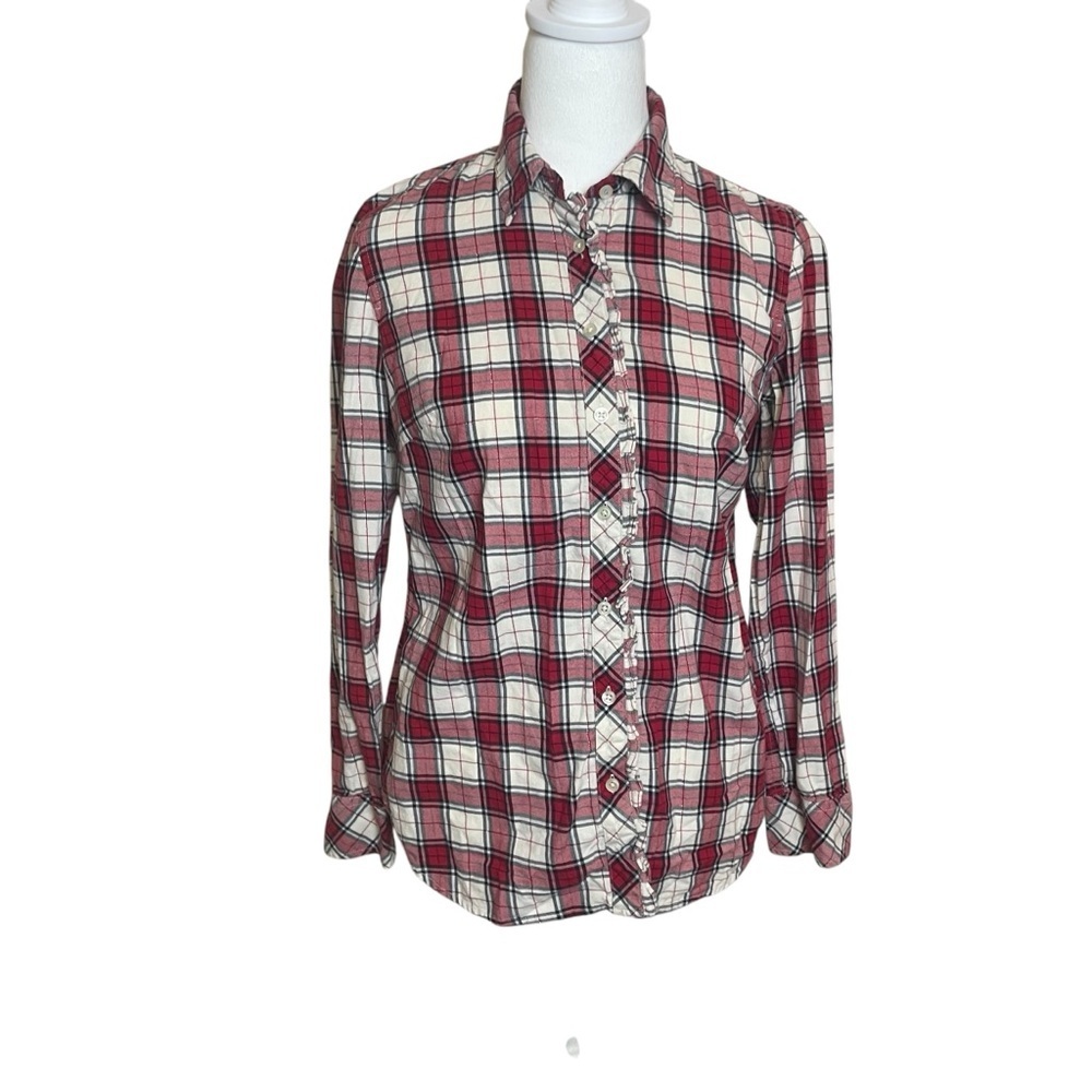 Talbots Shirt Womens Button Up Long Sleeves Cotton Red White Plaid Ruffled XS